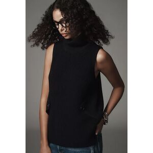 Black Anthropologie Ribbed Knit Side Button Sleeveless Turtleneck Sweater (NWT)